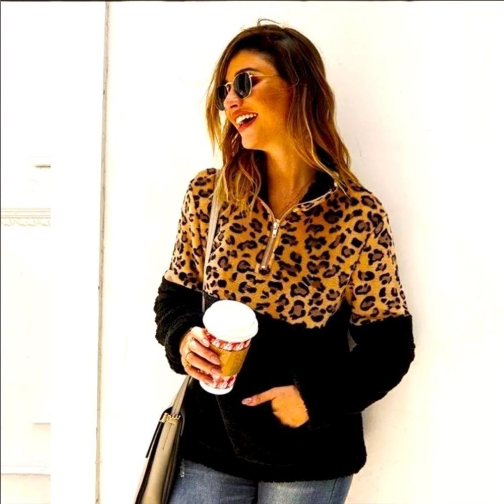 Leopard Print Half Zip Up Pullover Jacket Sz S L